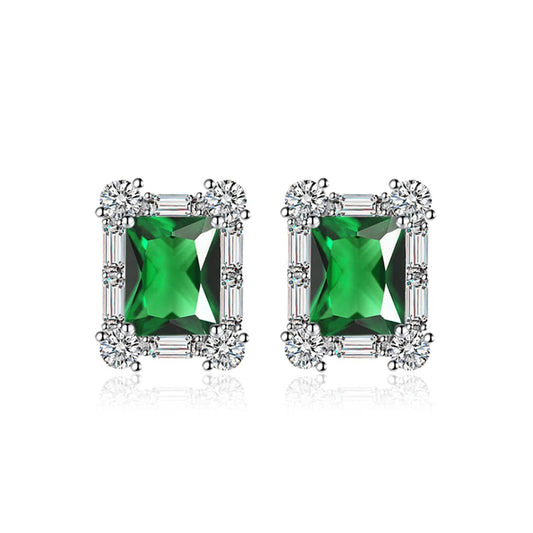 Green Crystal & Cubic Zirconia Silvertone Rectangular Stud Earrings