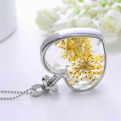 Yellow Pressed Gypsophila & Silvertone Heart Pendant Necklace