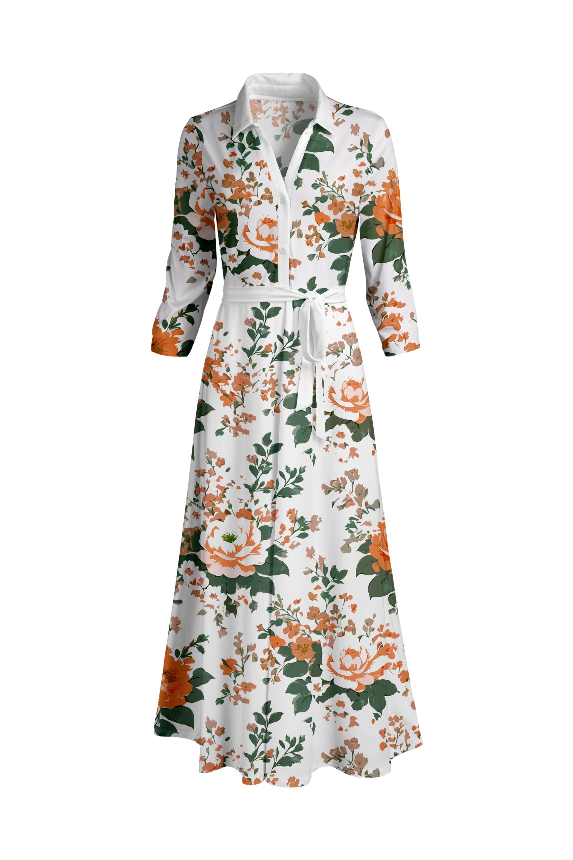collared dress maxi Lily by Firmiana Women's Long Sleeve Collared Maxi Dress with Tie Cream & Orange Floral Cream & Orange Floral / XL