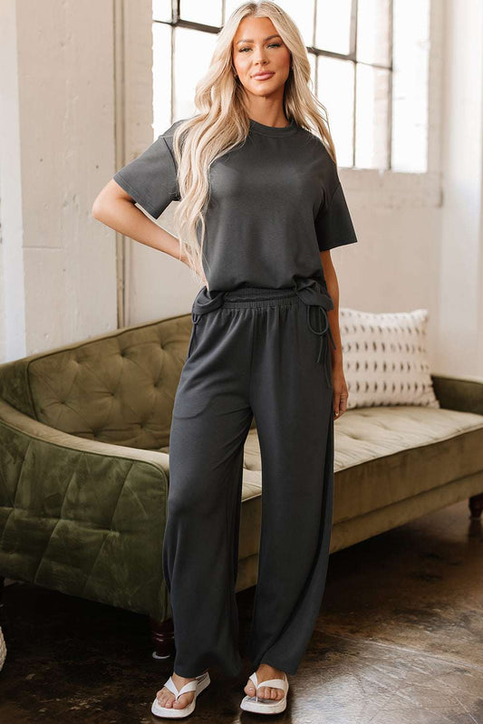 Threaded Pear Dallas Drawstring Side Crewneck Tee and Loose Pants Set