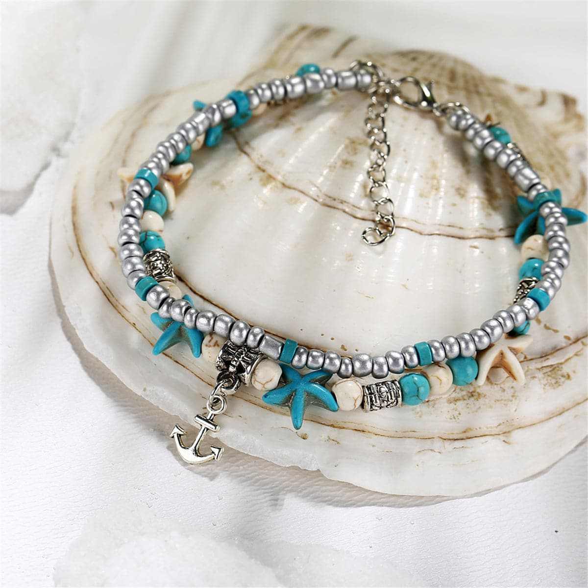 Turquoise & Silvertone Beaded Anchor Layered Anklet
