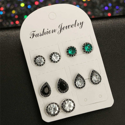 Green Crystal & Silvertone Stud Earrings Set