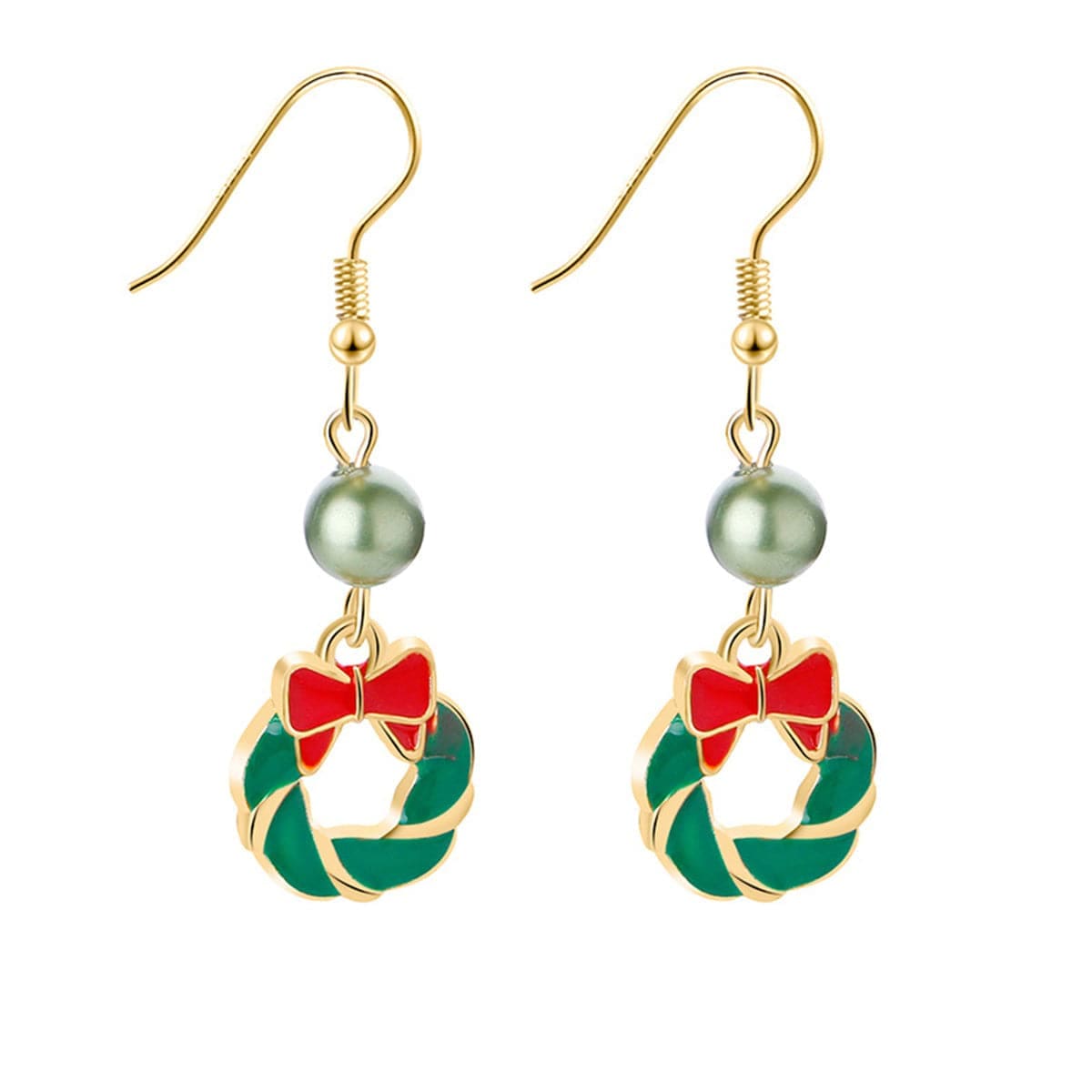 Green Enamel & Acrylic Goldtone Bow Wreath Drop Earrings