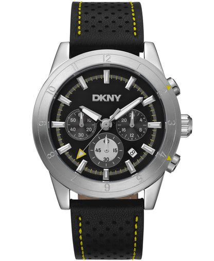 Dkny Men Watch, Silver Color Case, Black Dial, Black Leather Strap, Chronograph, 10 Atm