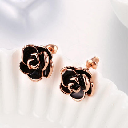 Black & Rose Goldtone Rose Stud Earrings