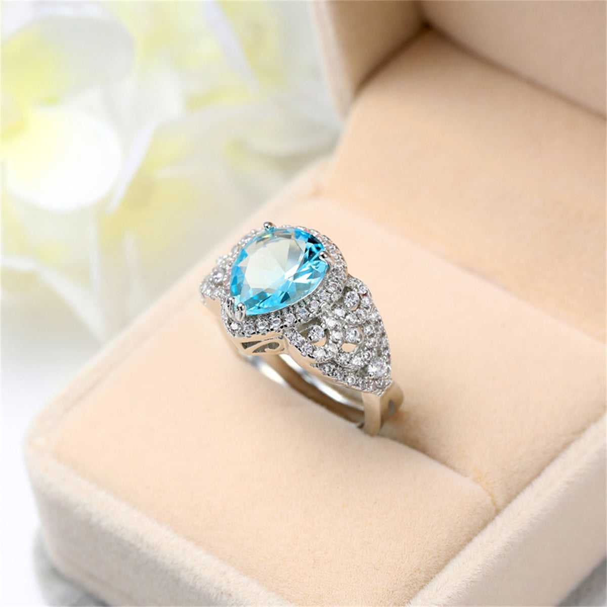 Sea Blue Crystal & Cubic Zirconia Teardrop-Cut Ring-1