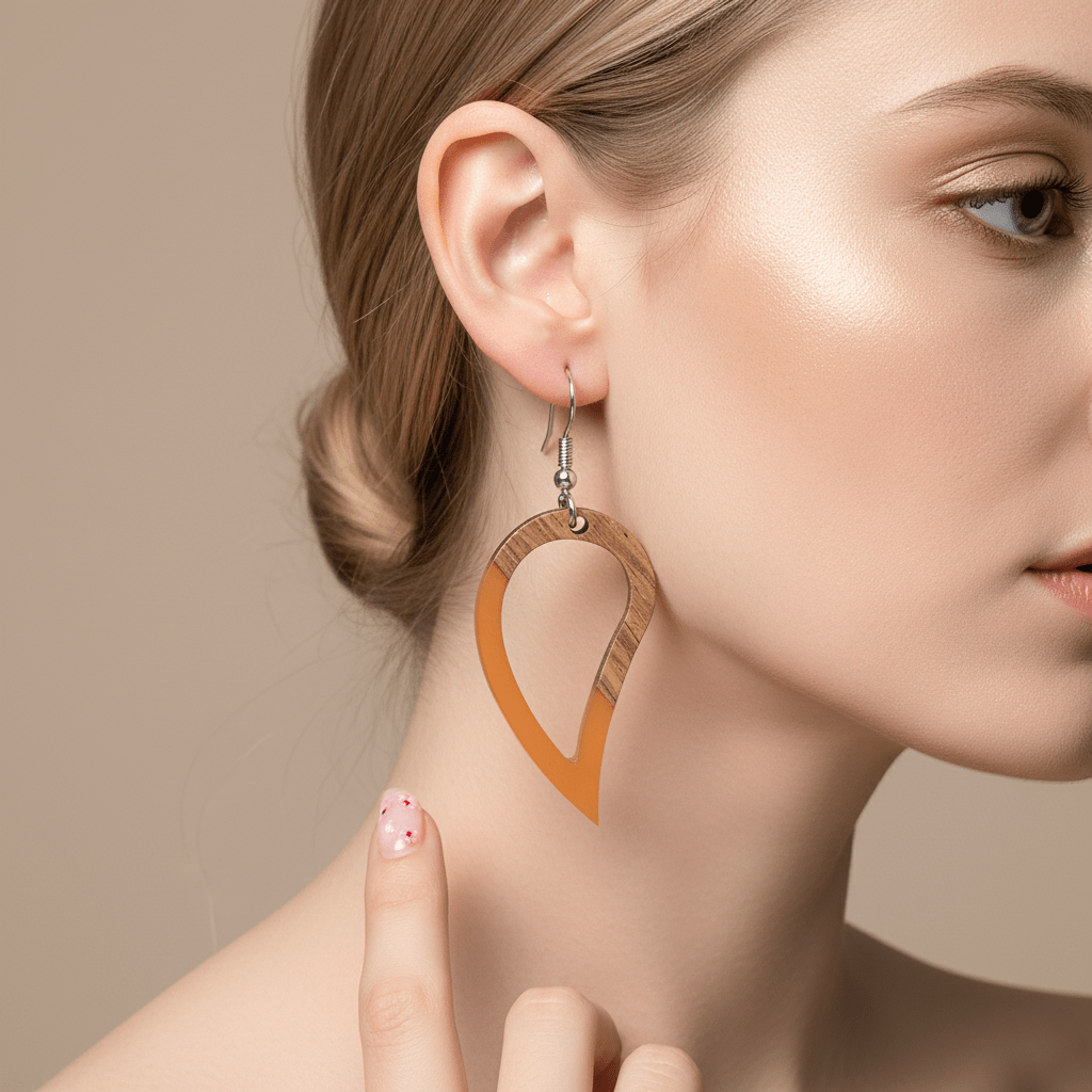 Orange Resin & Wood Silvertone Upside-Down Drop Hook Earrings