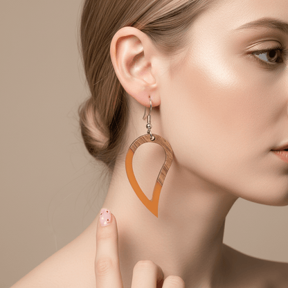Orange Resin & Wood Silvertone Upside-Down Drop Hook Earrings