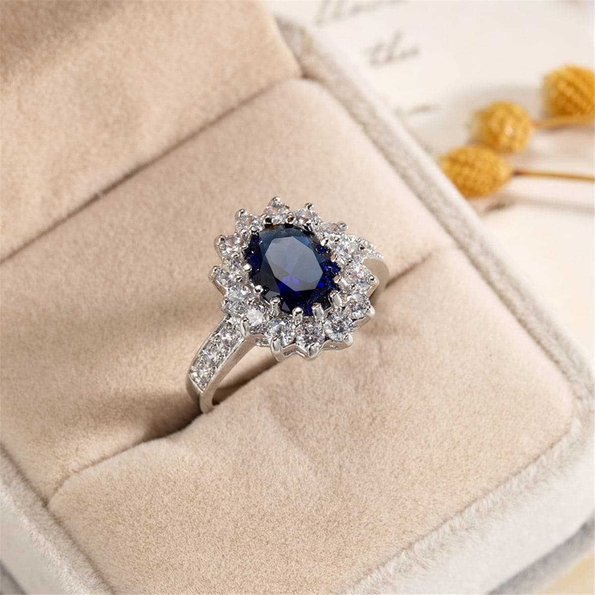 Navy Crystal & Cubic Zirconia Flower Ring-9