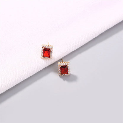 Red Crystal & Cubic Zirconia Goldtone Rectangle Halo Stud Earrings