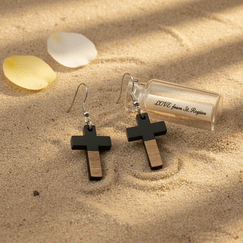 Black Resin & Wood Silvertone Cross Hook Earrings