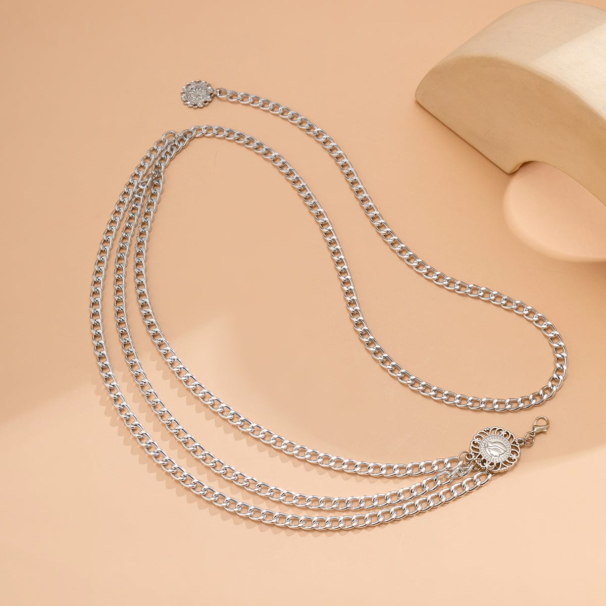 Silvertone Tassel-Accent Layered Curb Chain Waist Belt
