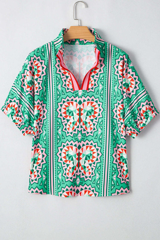 Threaded Pear Kamiyah Boho Abstract Striped Collared V Neck Blouse