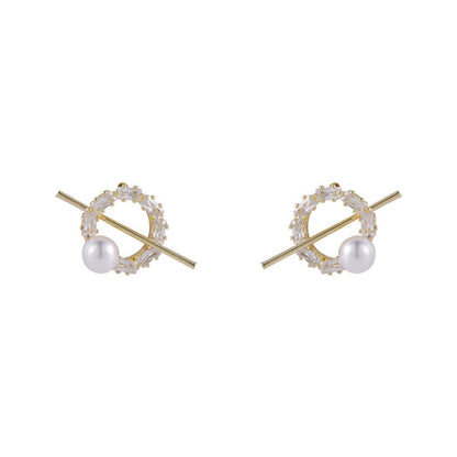 Pearl & Cubic Zirconia Pavé Bar Round Stud Earrings