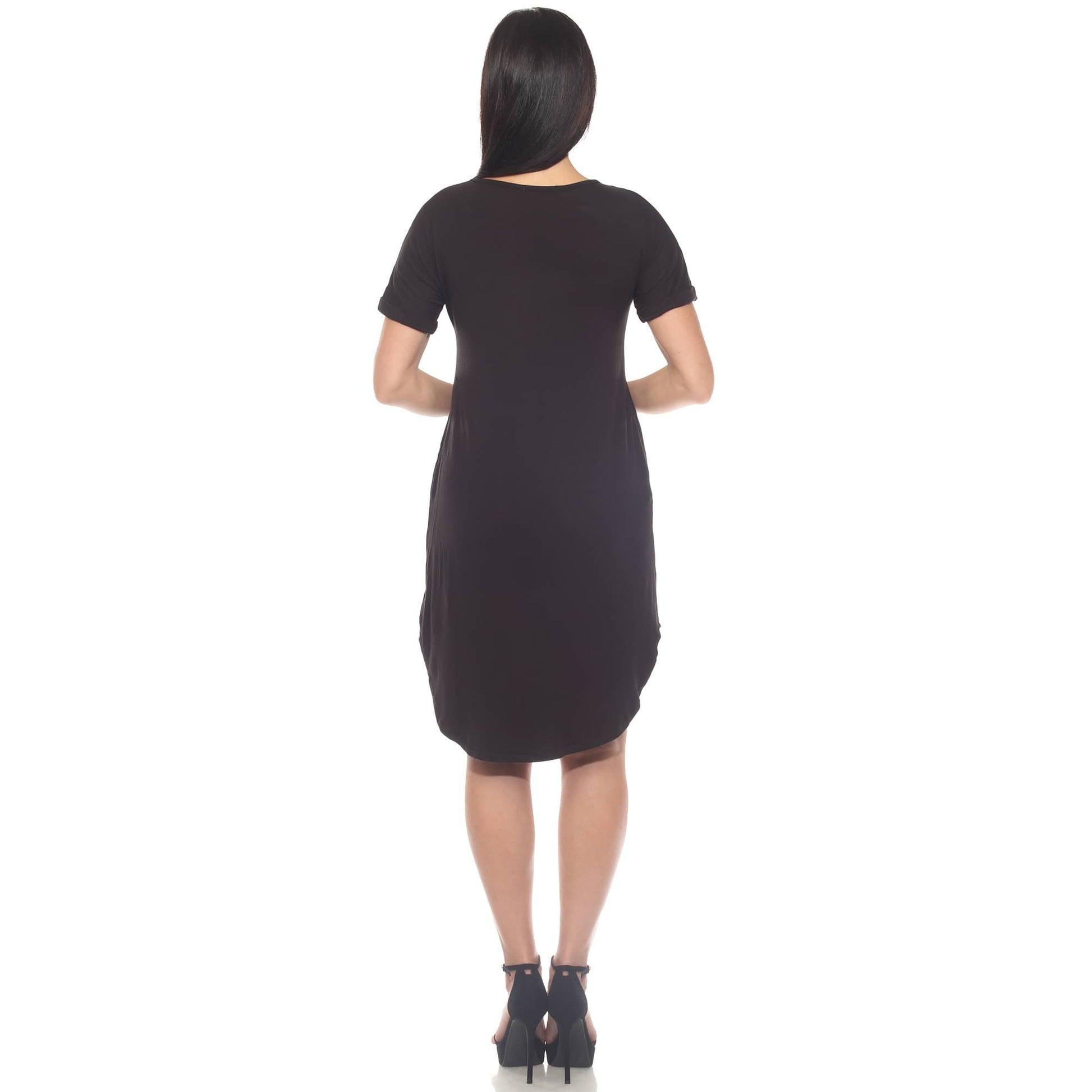 White Mark Women's V-Neck Knee-Length Dress with Folded Sleeves and Pockets, Black, Small
