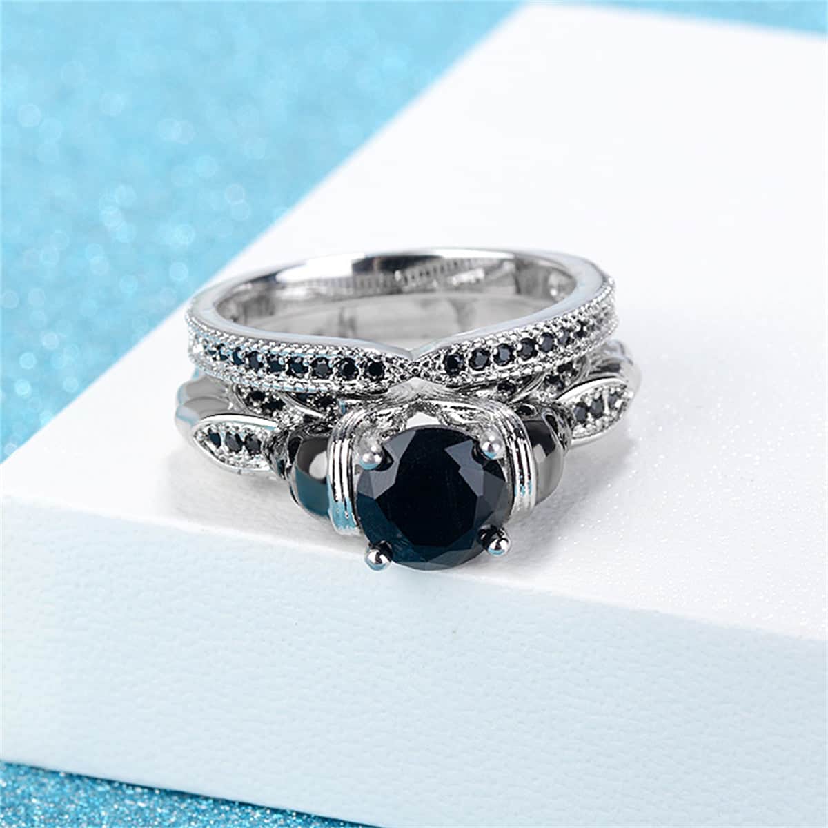Black Crystal & Cubic Zirconia Skull Owl Ring Set-2