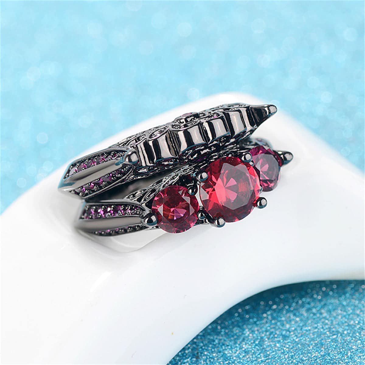 Red Crystal & Cubic Zirconia Botanical Ring Set-2