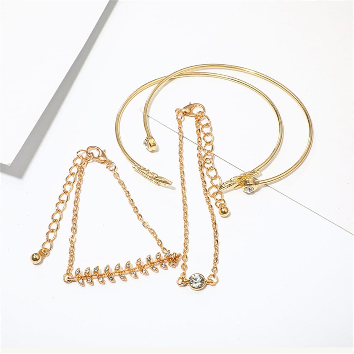 Cubic Zirconia & Goldtone Leaf Charm Bracelet Set