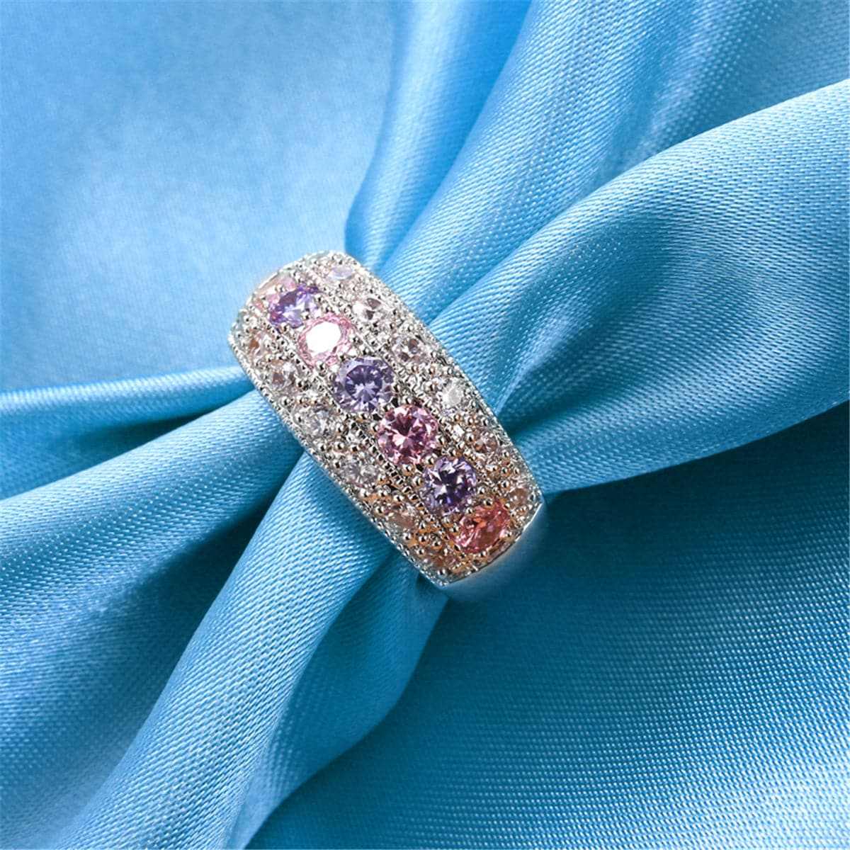 Pink Crystal & Silvertone Band Ring