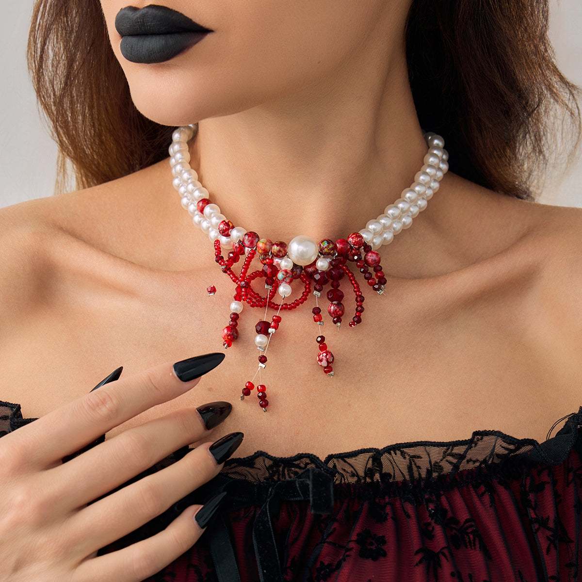 Red Acrylic & Pearl Silvertone Layered Necklace