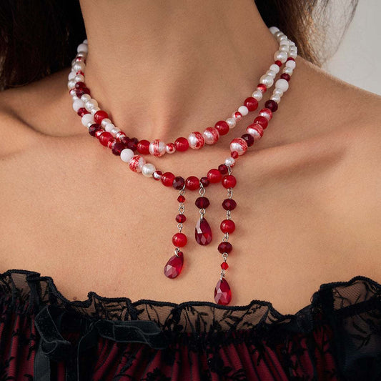 Red Crystal & Acrylic Pearl Enamel Silvertone Beads Chain Tassel Necklace Set