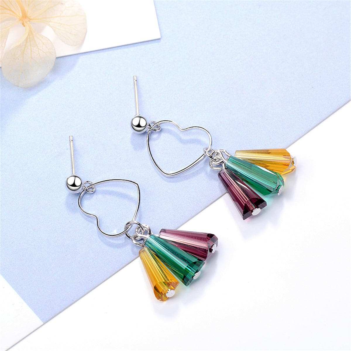 Rainbow Crystal & Silvertone Open Heart Drop Earrings