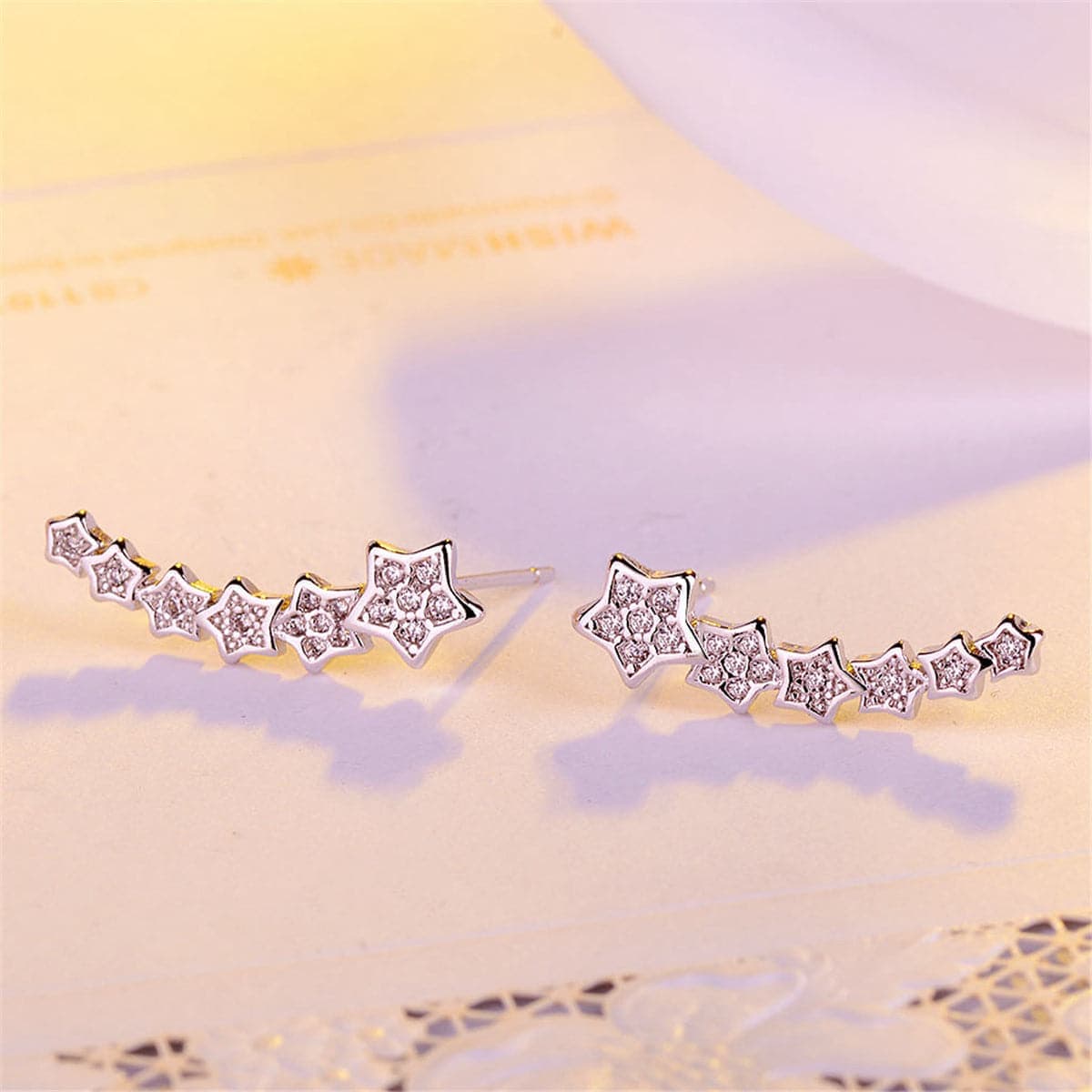 Cubic Zirconia & Silvertone Linking Star Ear Climbers-3