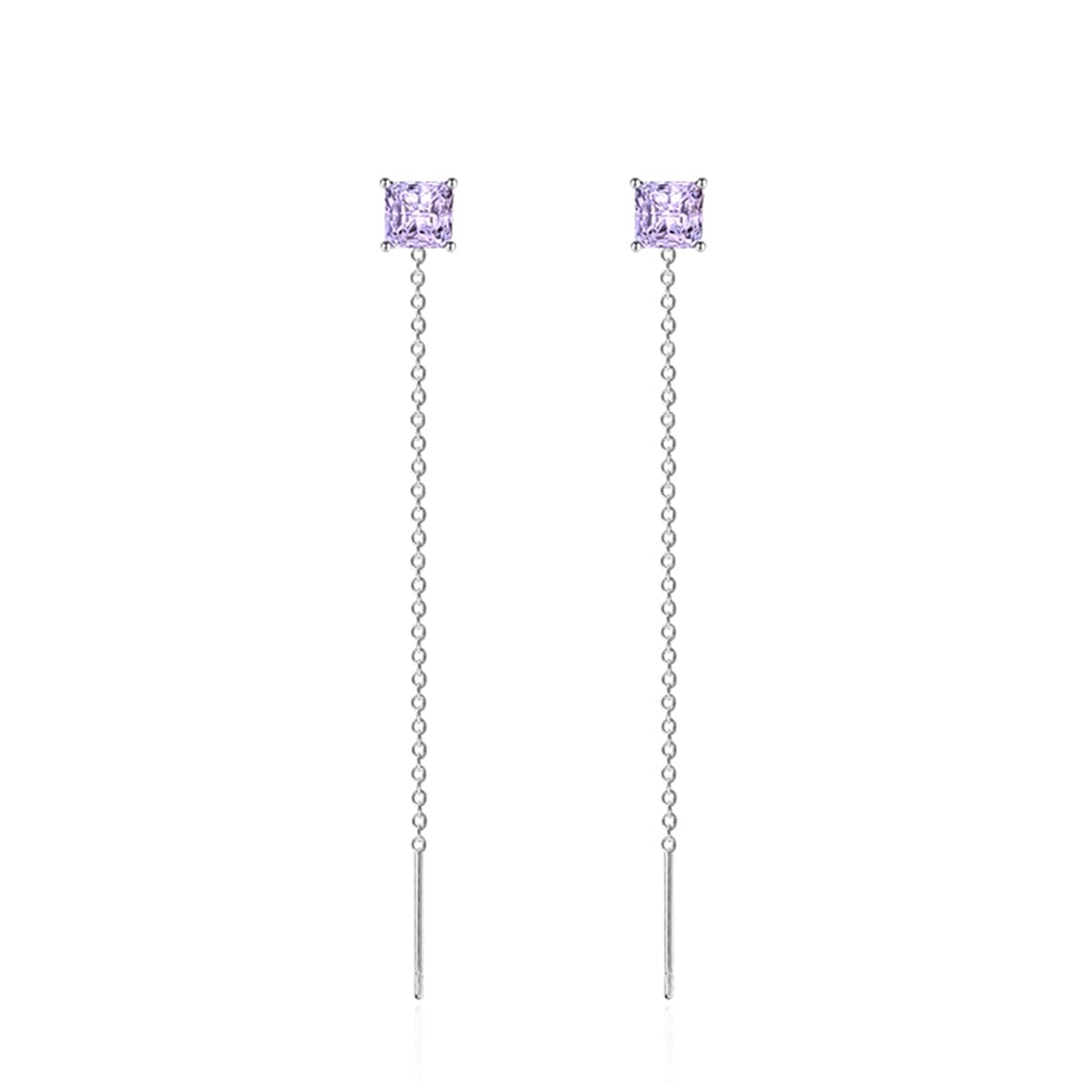 Purple Crystal & Silvertone Cube Threader Earrings