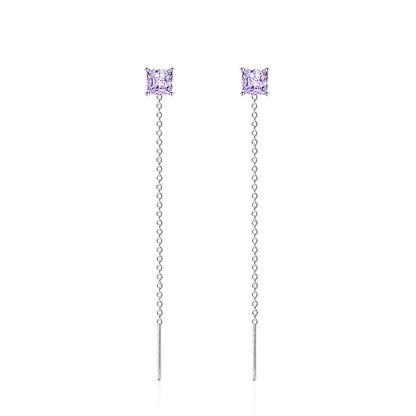 Purple Crystal & Silvertone Cube Threader Earrings