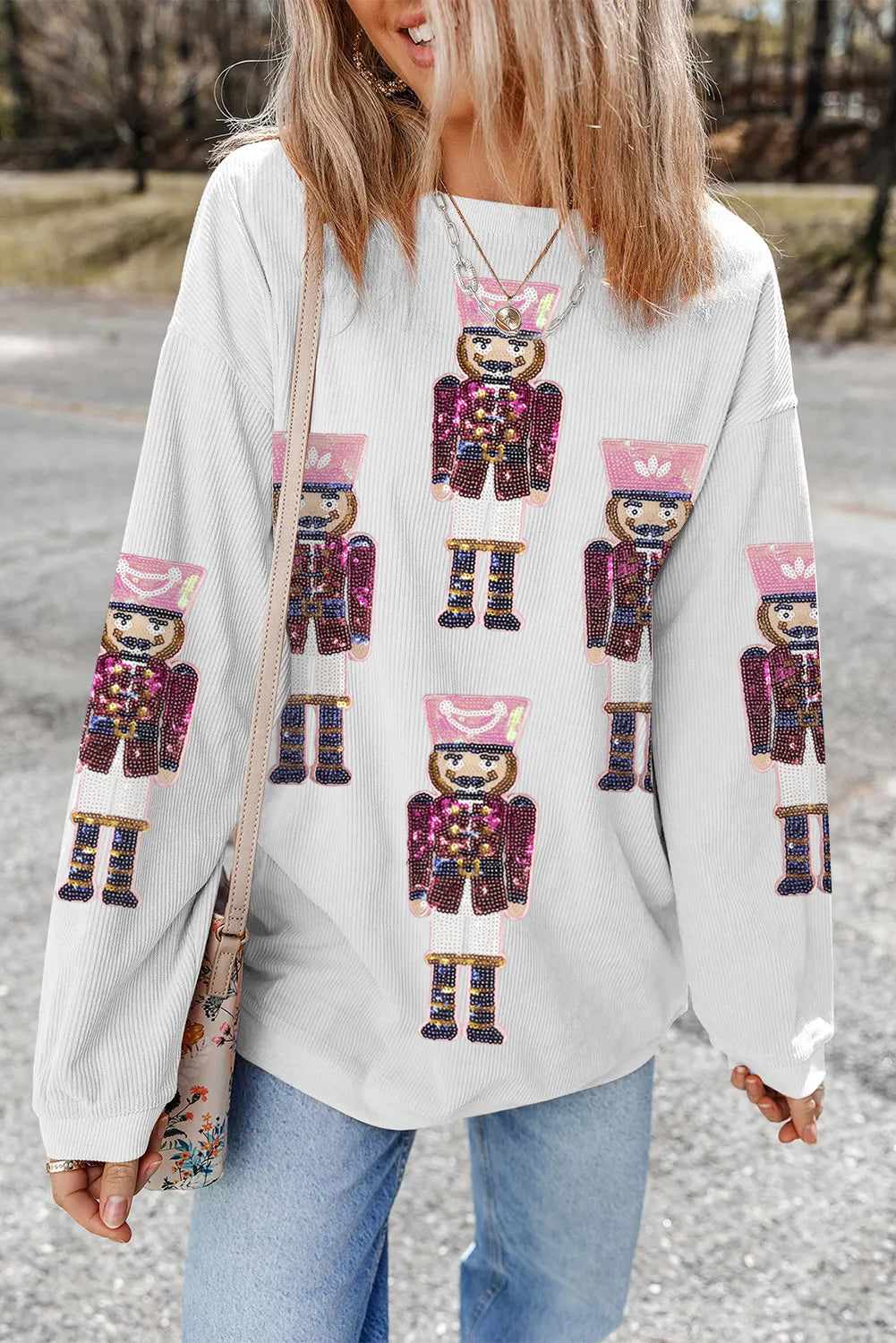 Aria Christmas Fashion Corded Sweatshirt - White / Size