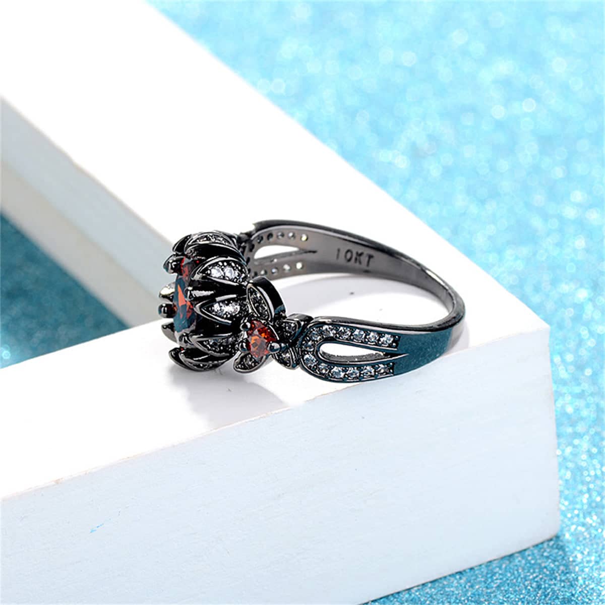 Red Crystal & Cubic Zirconia Flower Butterfly Ring-1