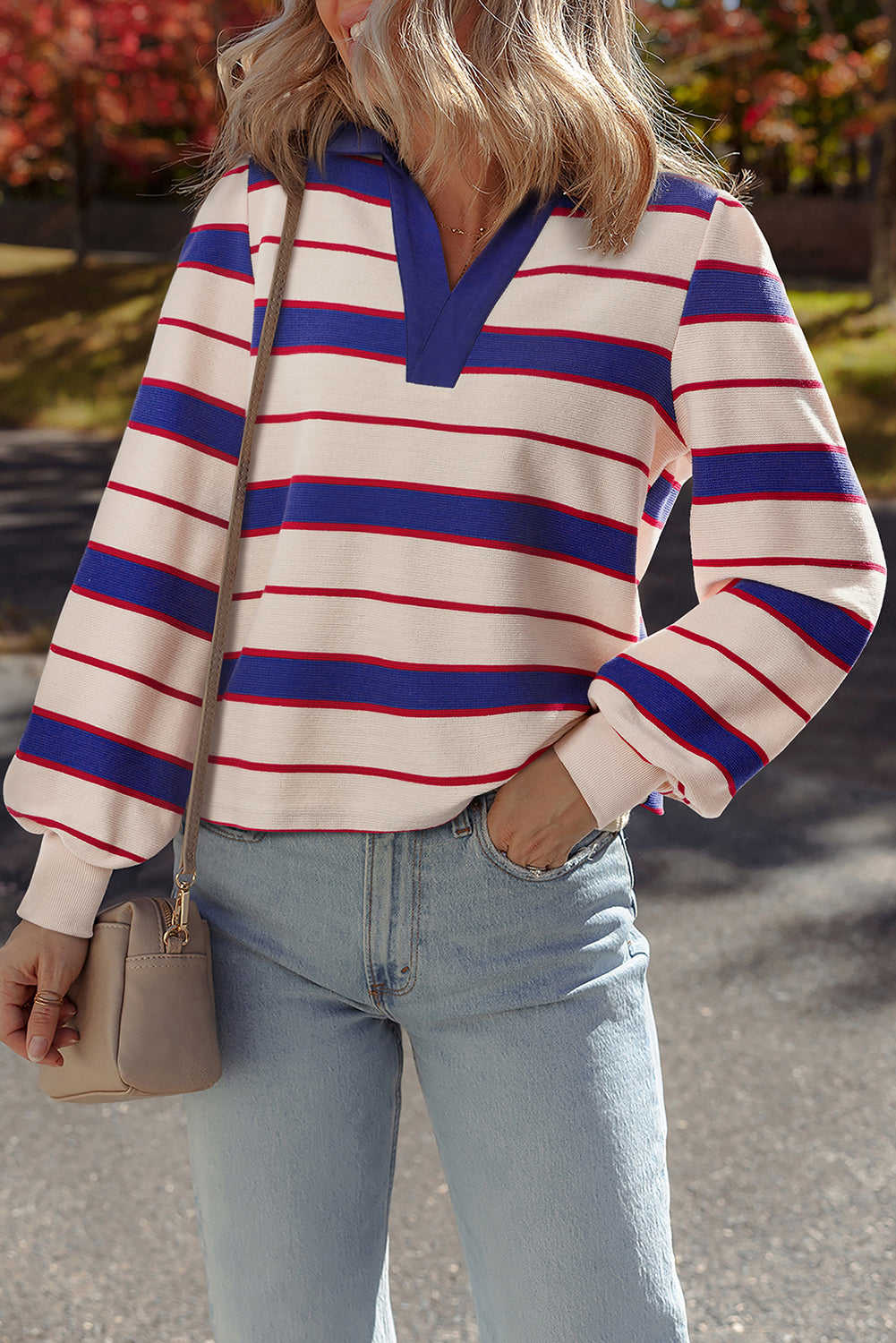 Genesis Stripe Polo Pullover Sweatshirt - Blue Stripe / M - 8/10