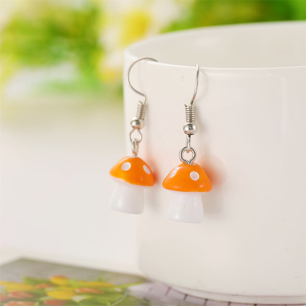 Orange Resin & Silvertone Dot Mushroom Drop Earrings