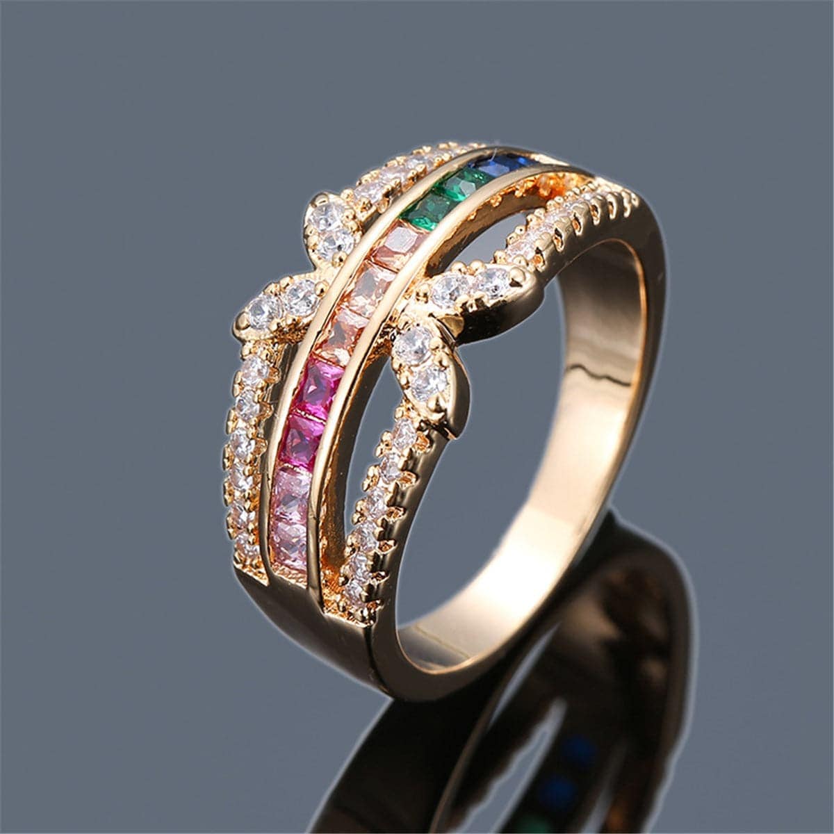 Rainbow Crystal & Cubic Zirconia Butterfly Ring-9
