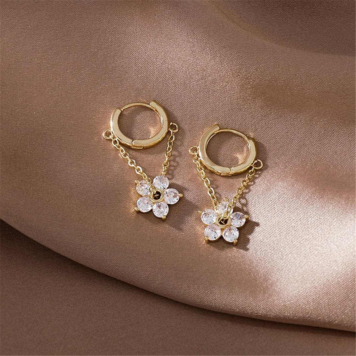 Cubic Zirconia & Goldtone Floral Chain Huggie Earrings