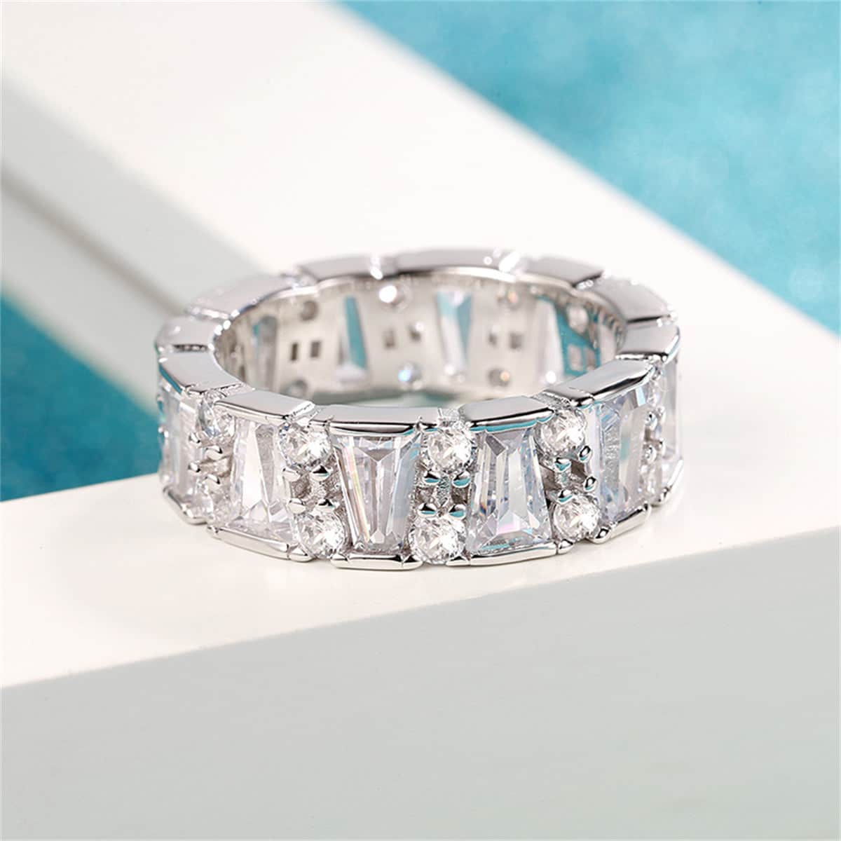 Crystal & Cubic Zirconia Silvertone Ladder Band Ring