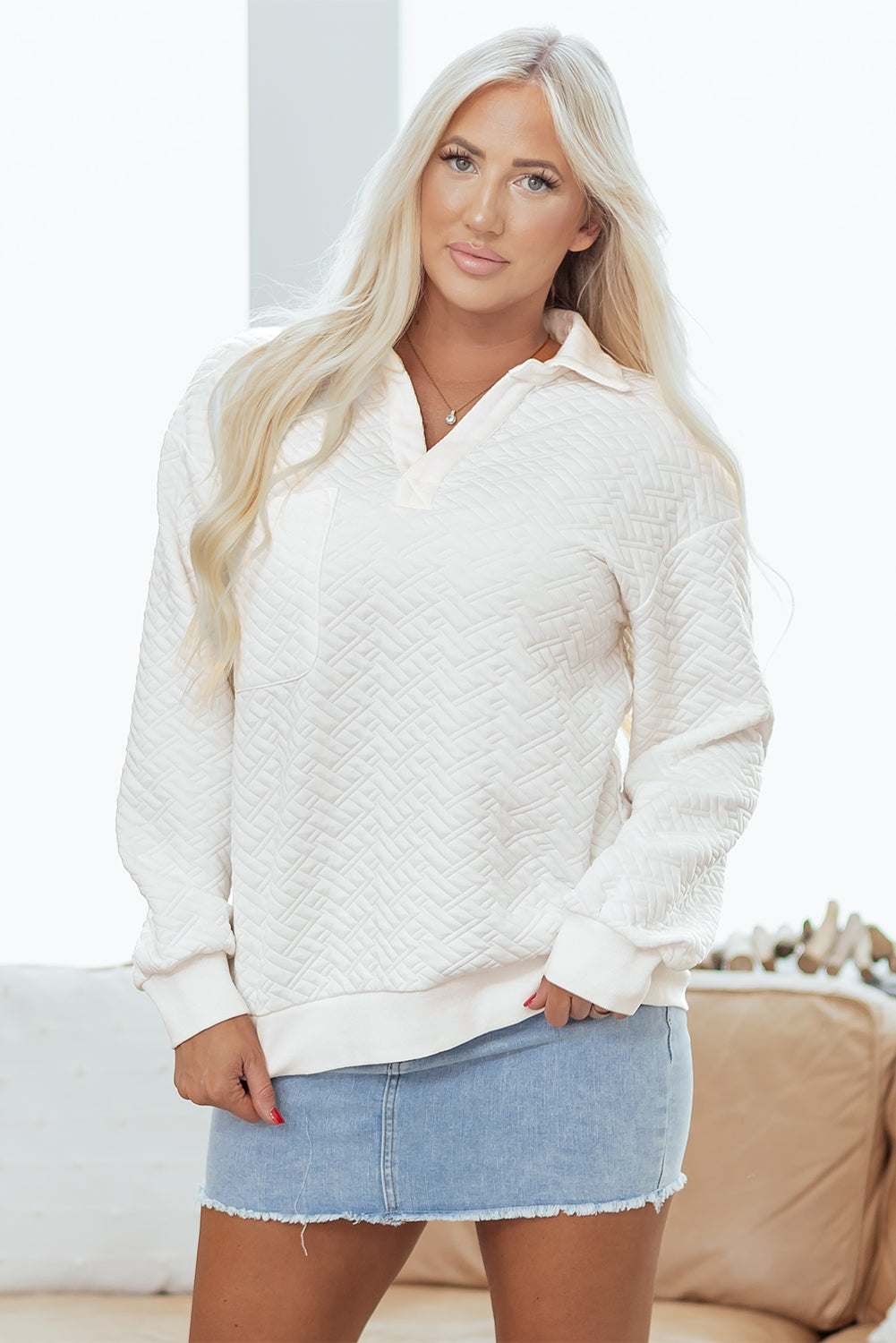 Raina Textured Collared Pullover - White / L - 12/14