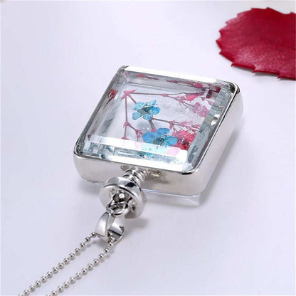 Blue & Red Pressed Flower Square Pendant Necklace