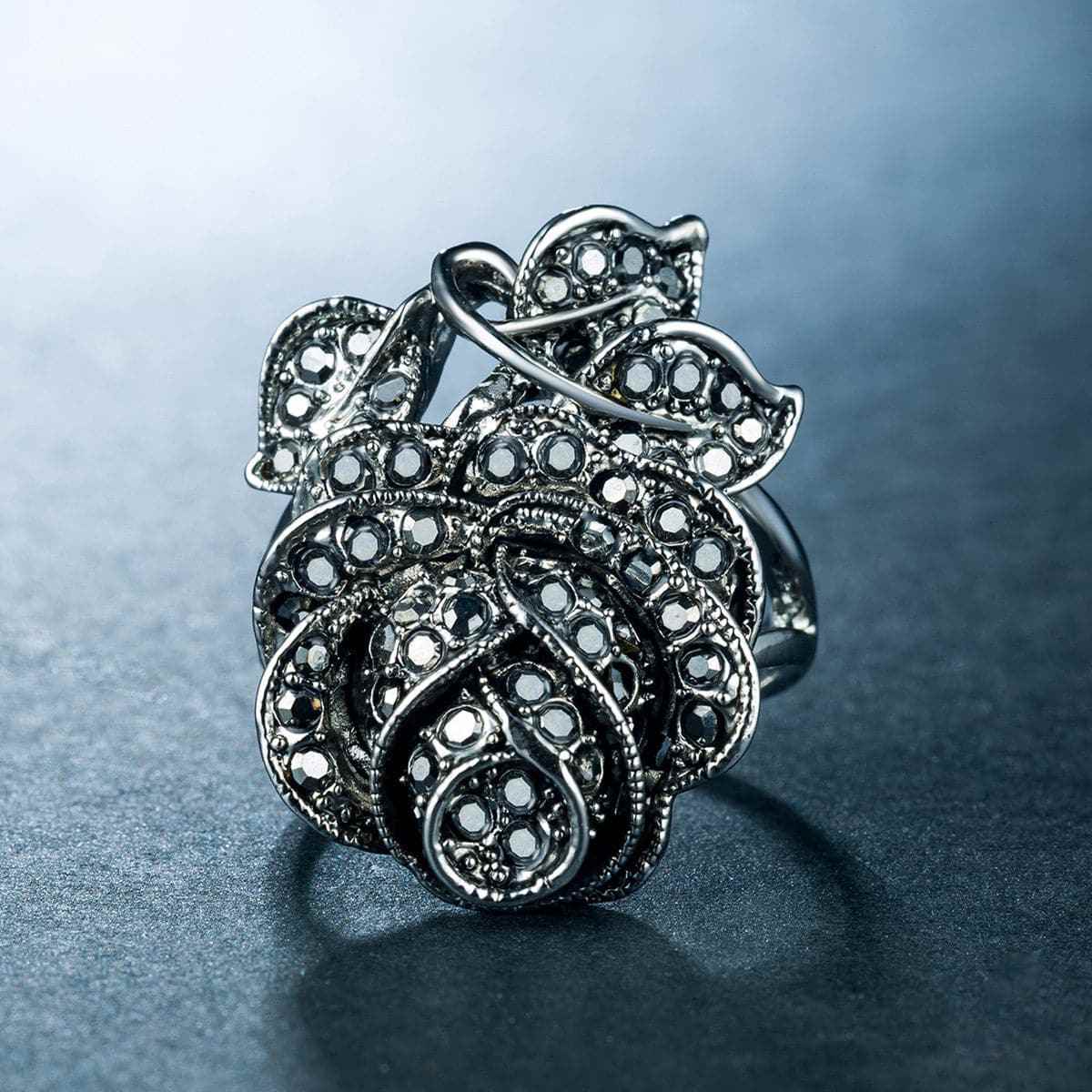 Black Cubic Zirconia & Silvertone Rose Ring
