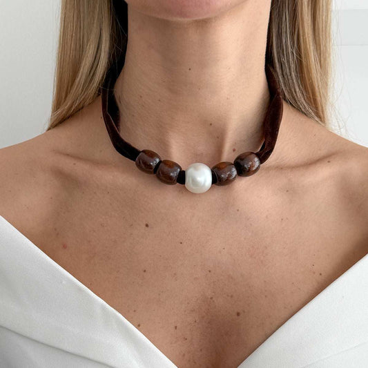 Wine Red Polyster & Wood Pearl Silvertone Ball Collar Necklace