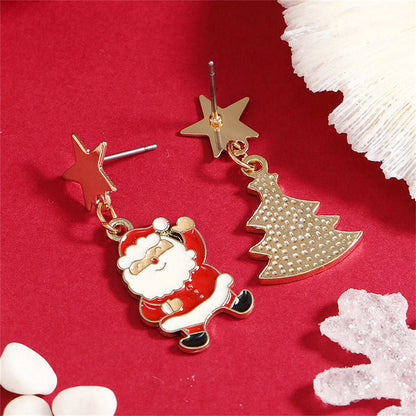 Green Enamel & Goldtone Star Santa Christmas Tree Mismatch Drop Earrings