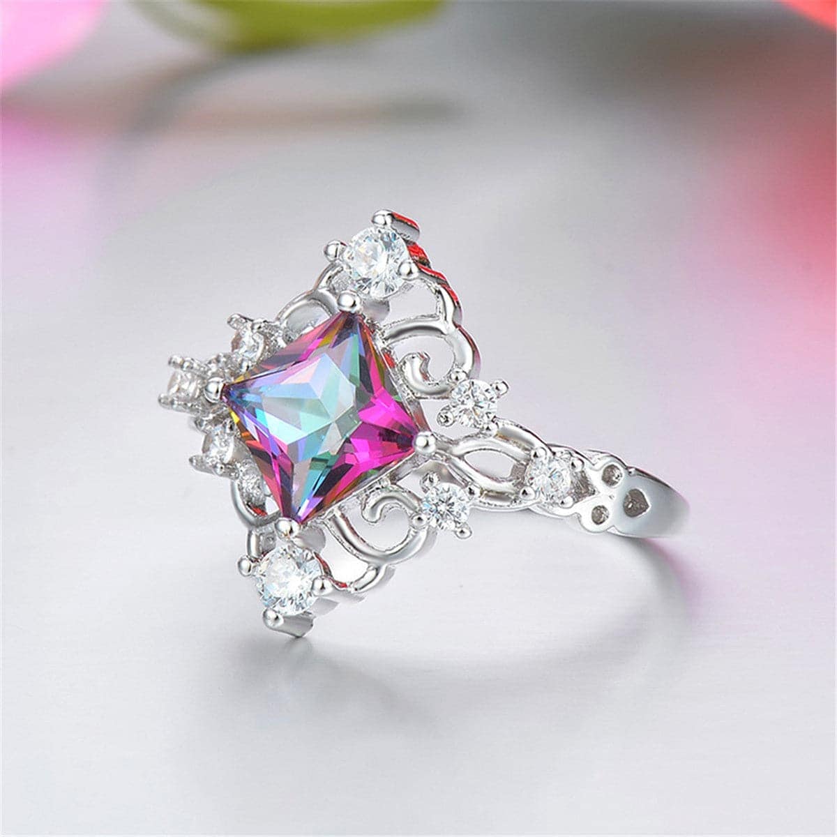 Blue & Pink Crystal Filigree Ring