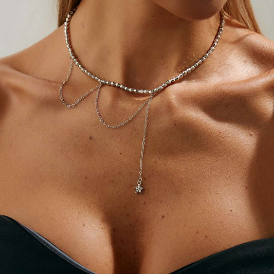 Cubic Zirconia & Silvertone Beaded Chain Star Drop Necklace