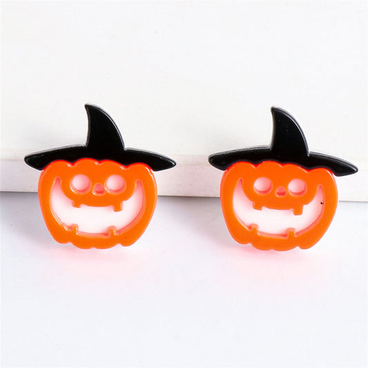 Orange Acrylic & Silvertone Pumpkin Witch Stud Earrings
