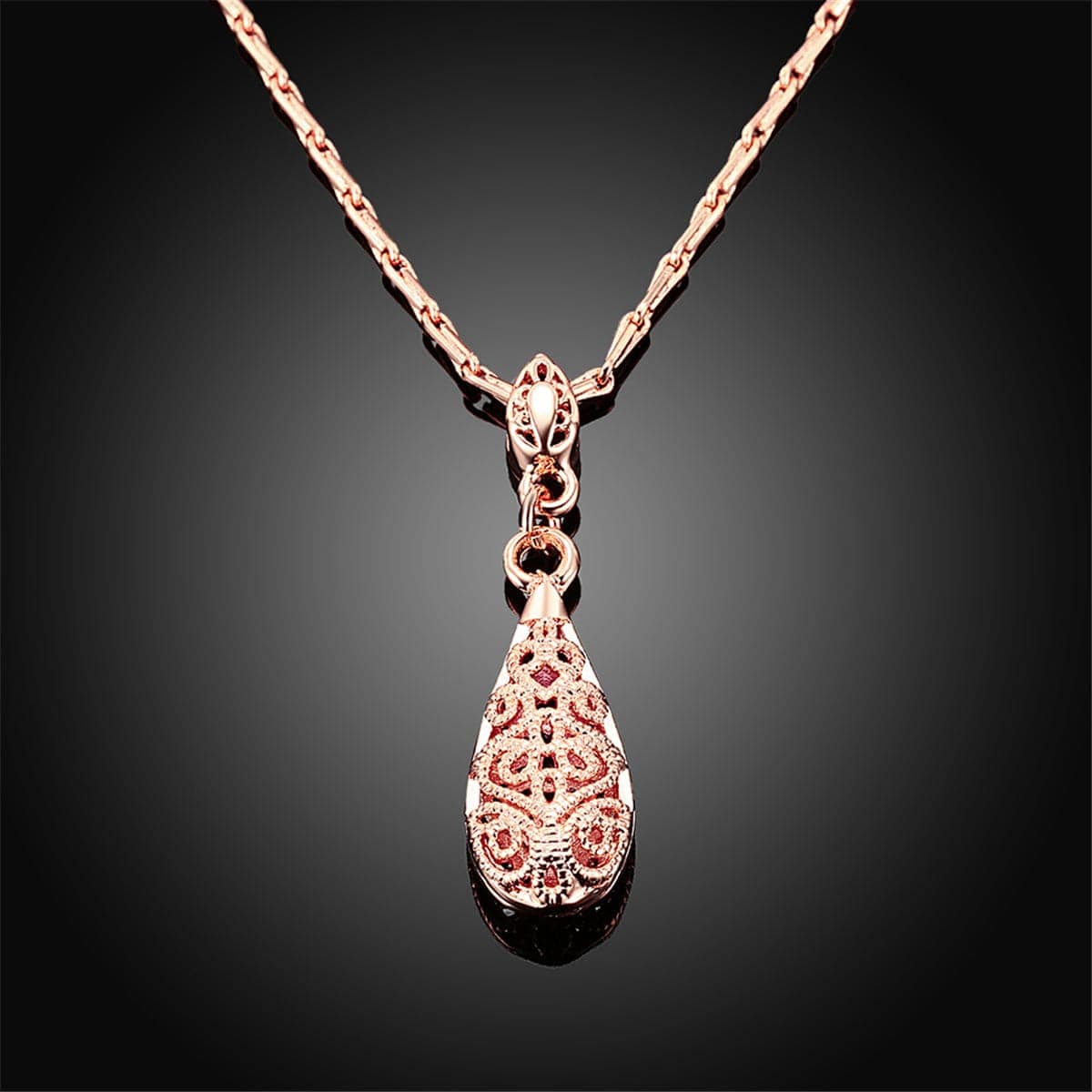 Rose Goldtone Filigree Teardrop Pendant Necklace