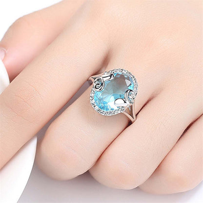 Blue Topaz & Cubic Zirconia Oval Halo Ring-5