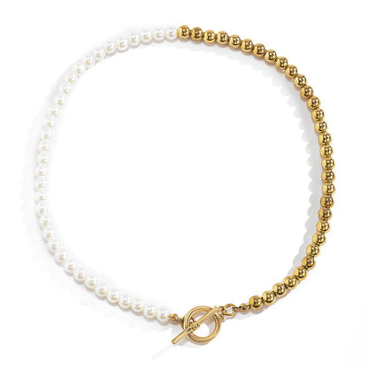Pearl & Goldtone Half Bead Chain Toggle Necklace
