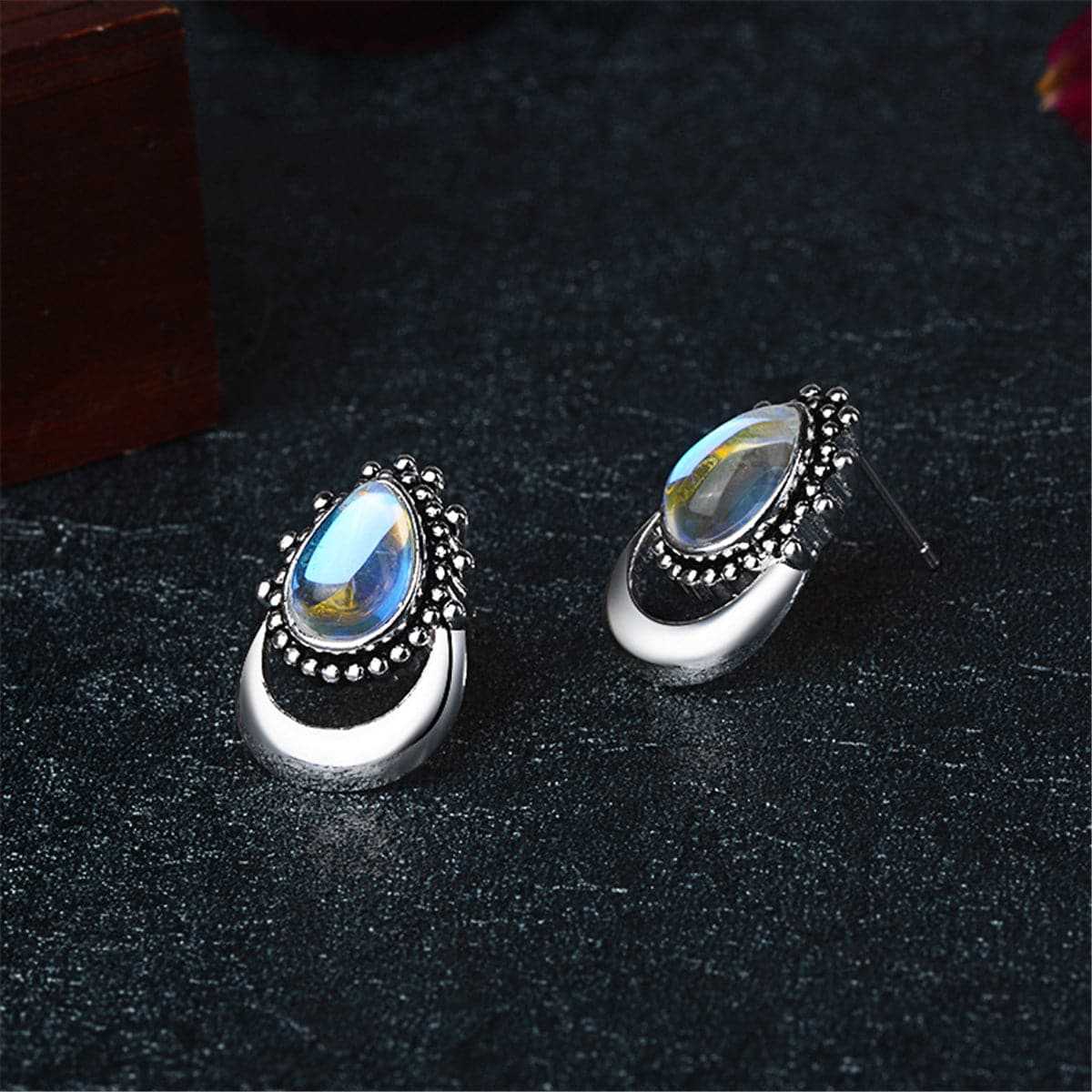 Iridescent Opal & Silvertone Pear Cut Stud Earrings
