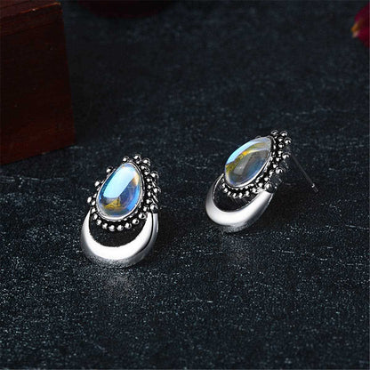 Iridescent Opal & Silvertone Pear Cut Stud Earrings