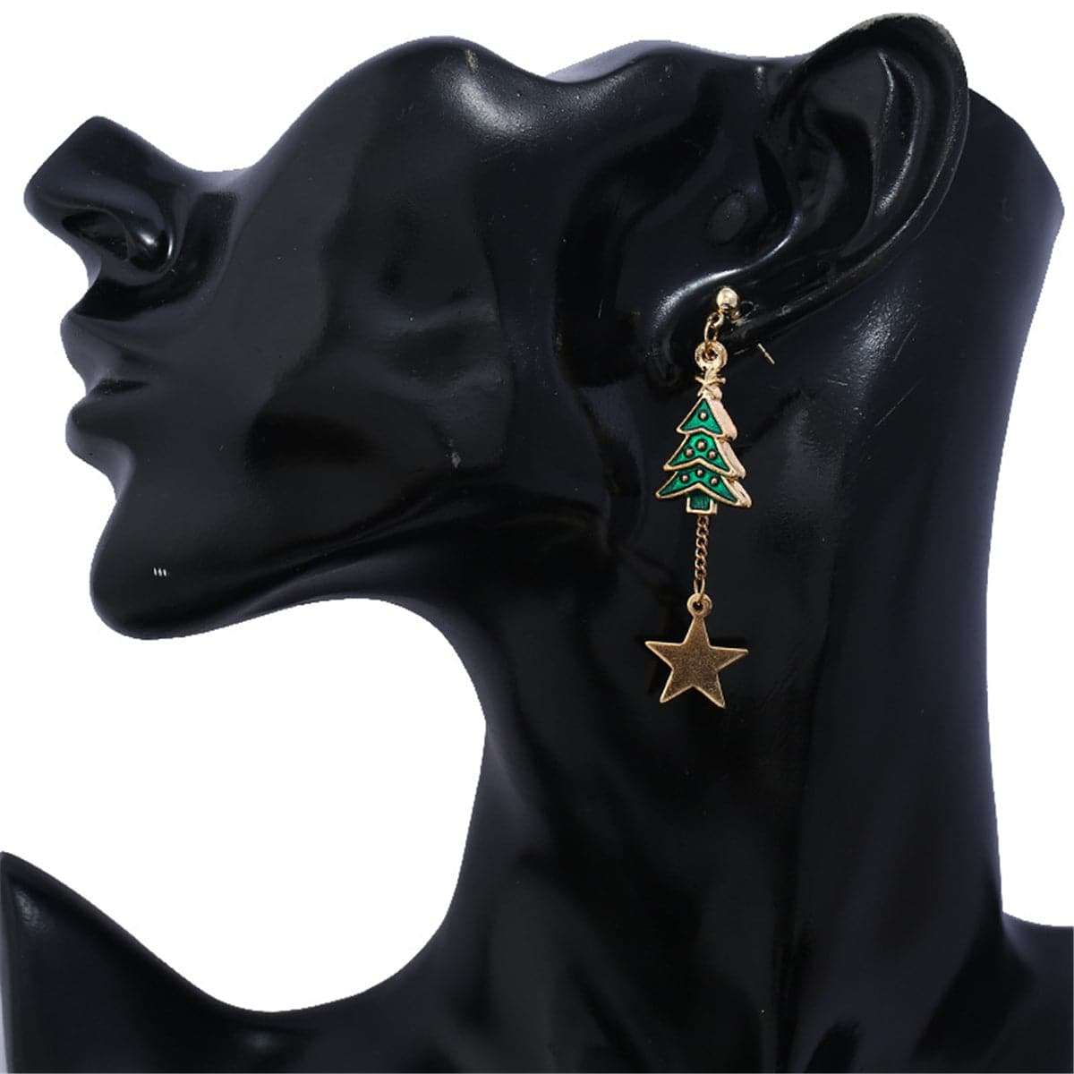 Green & Goldtone Christmas Tree & Candy Cane Drop Earrings
